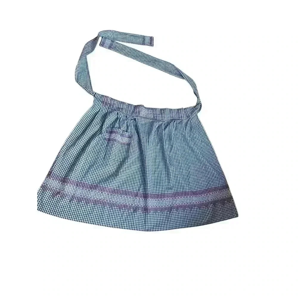 Vintage Blue White Check Gingham Retro Half Apron Embroidered Red White Pleated